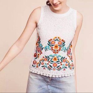 Maeve Floral Embroidered Crocheted Lace Sleeveless Top, Size Small